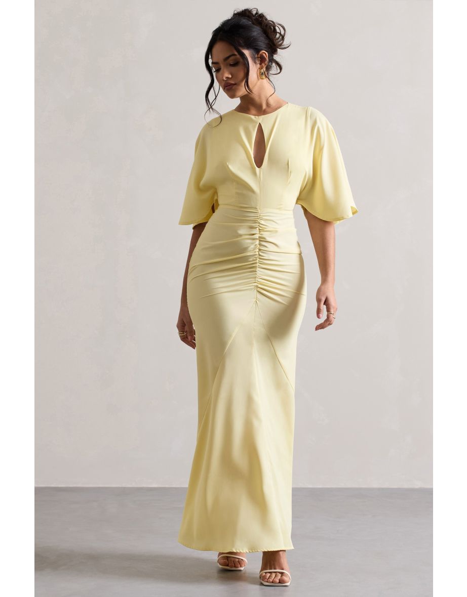 Elidy | Pastel Yellow Ruched Flutter-Sleeve Cut-Out Maxi Dress - 4
