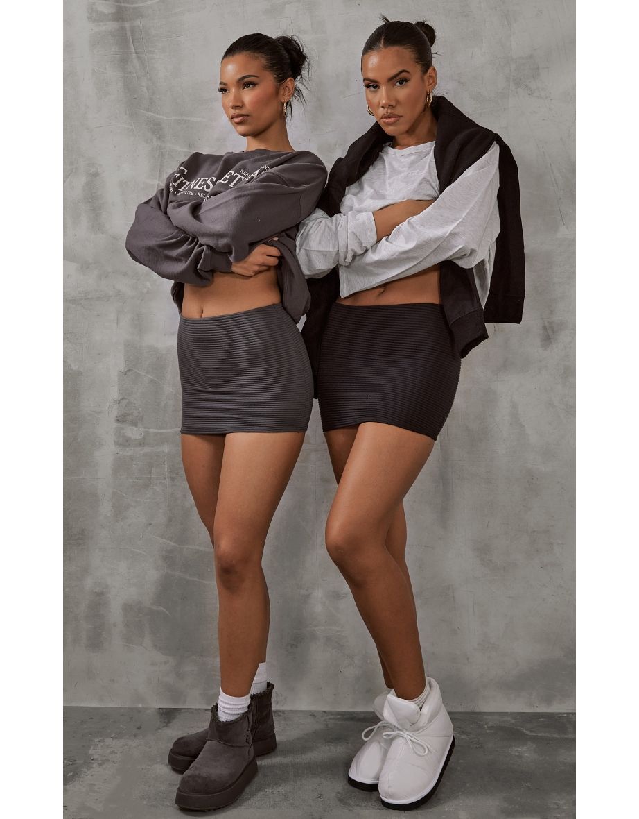 Charcoal Grey Jumbo Rib Low Rise Micro Mini Skirt