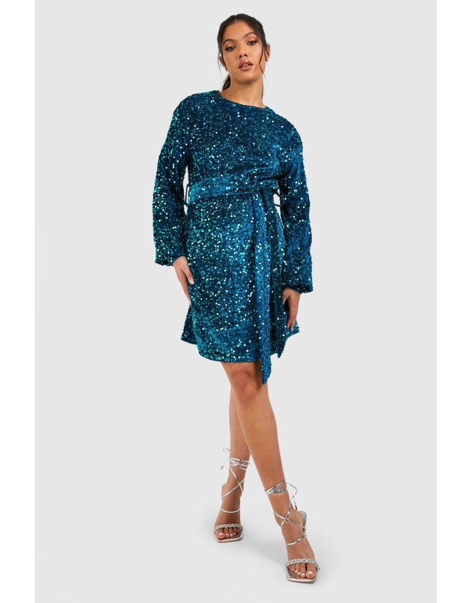 Boohoo Maternity Velvet Sequin Tie Waist Shift Dress in Black