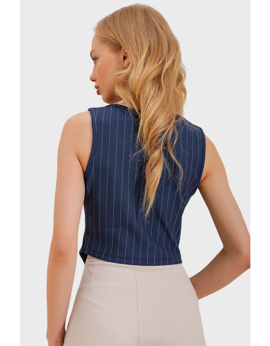 Women's Navy Blue Heart Collar Buttoned Striped Vest - 3