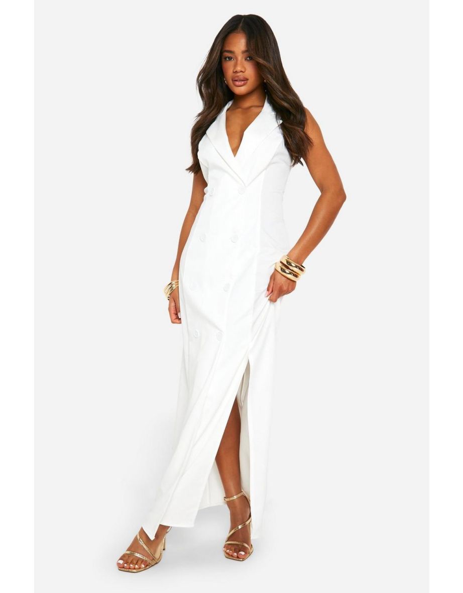 Woven Sleeveless Maxi Blazer Dress - white