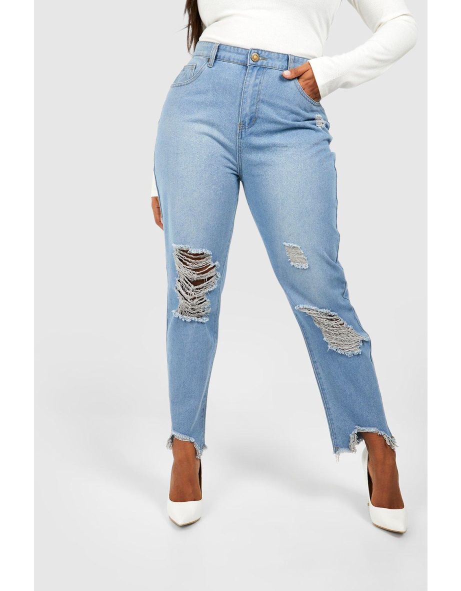 Plus Ripped Distressed High Waisted Mom Jeans - mid blue - 3