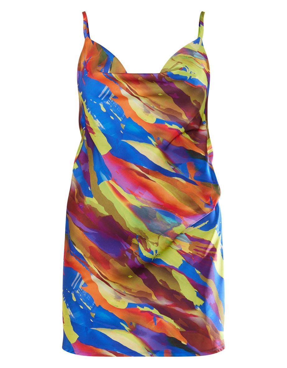 Multi Abstract Print Satin Cowl Swing Dress - 4