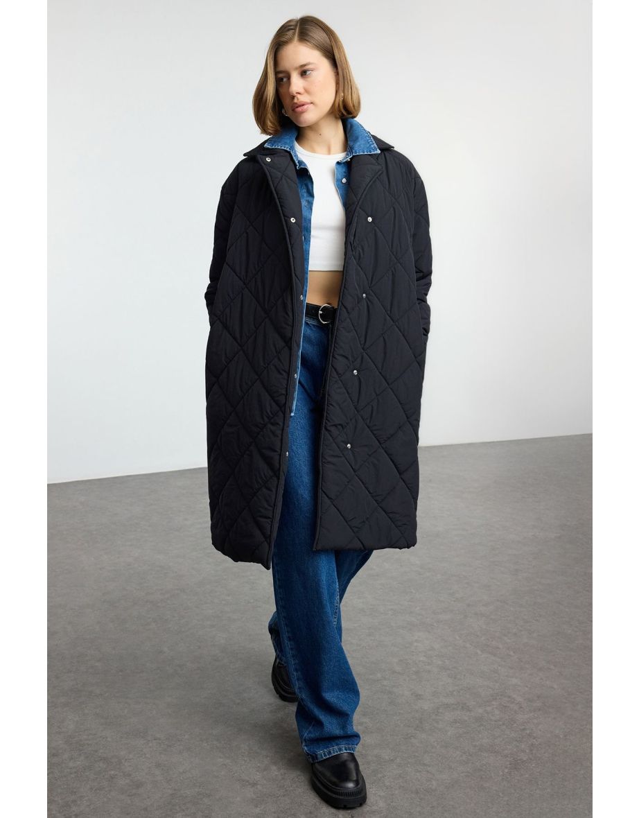 Black Oversize Belted Long Quilted Puffer Jacket