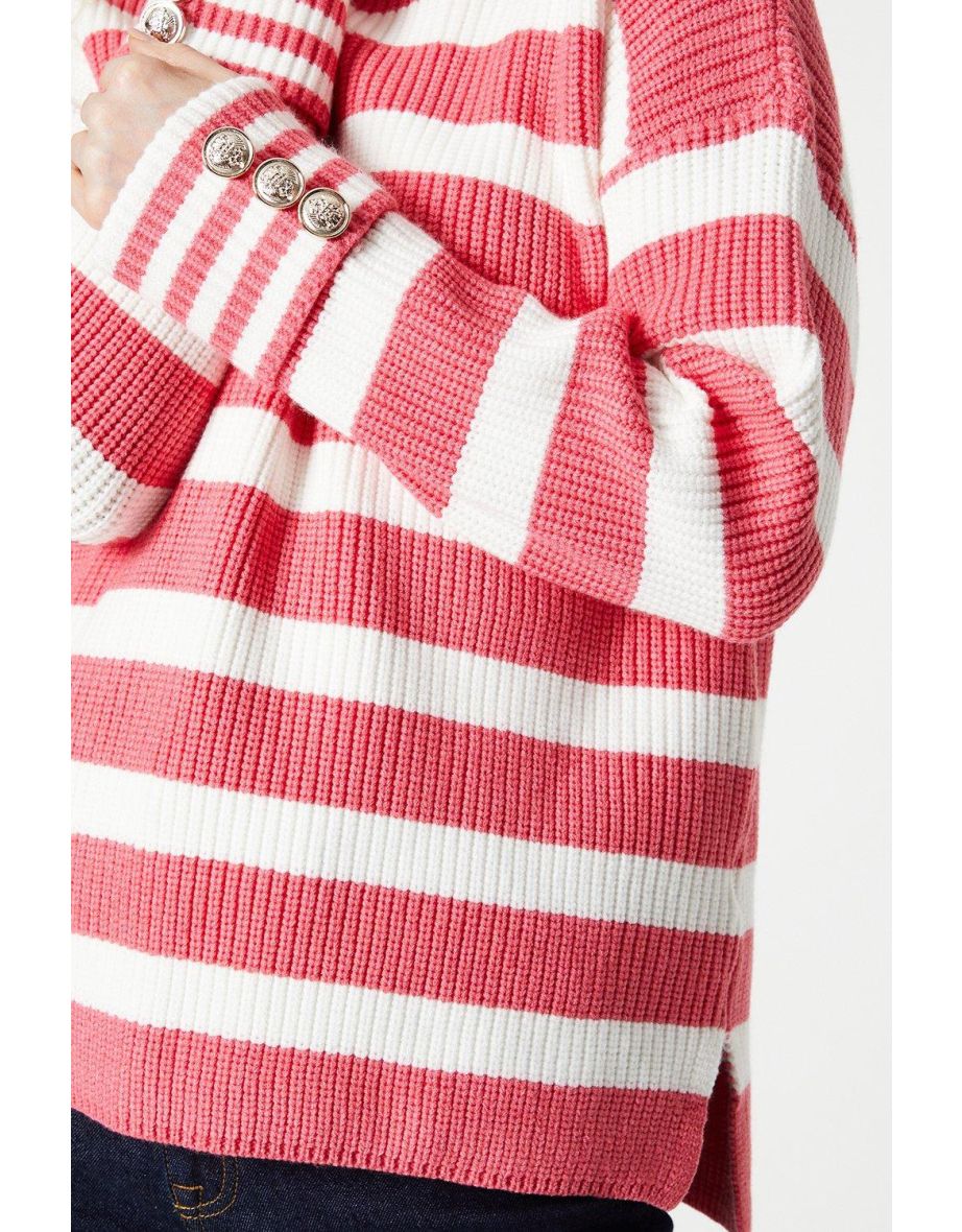 Roll Neck Stripe Jumper With Military Button Cuff - 3