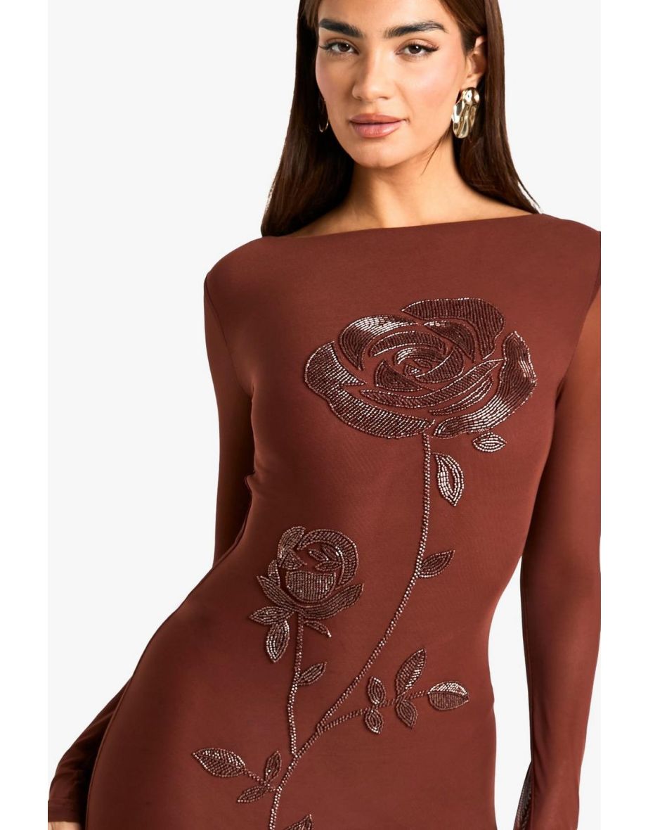 Floral Hand Embellished Scoop Back Mini Dress - 3