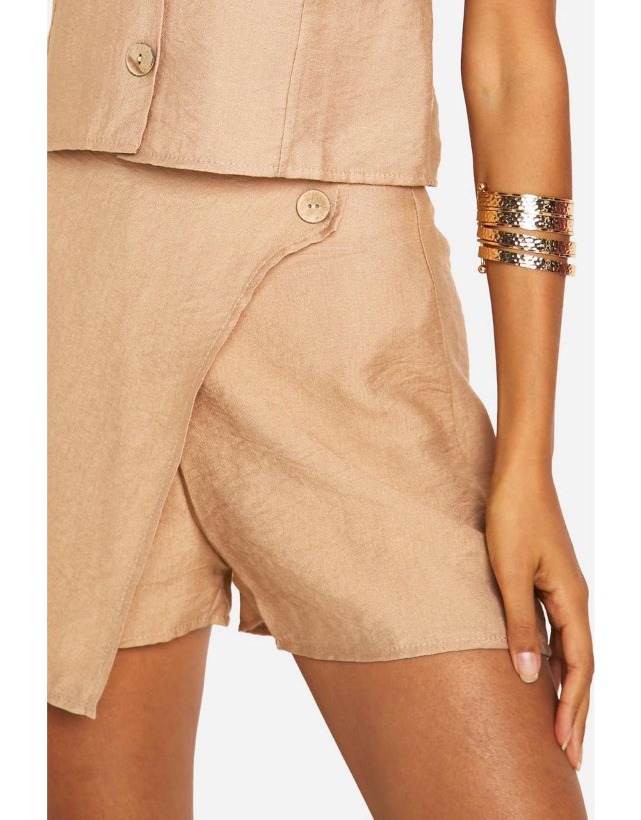 Linen Look Wrap Front Skort - mocha - 3