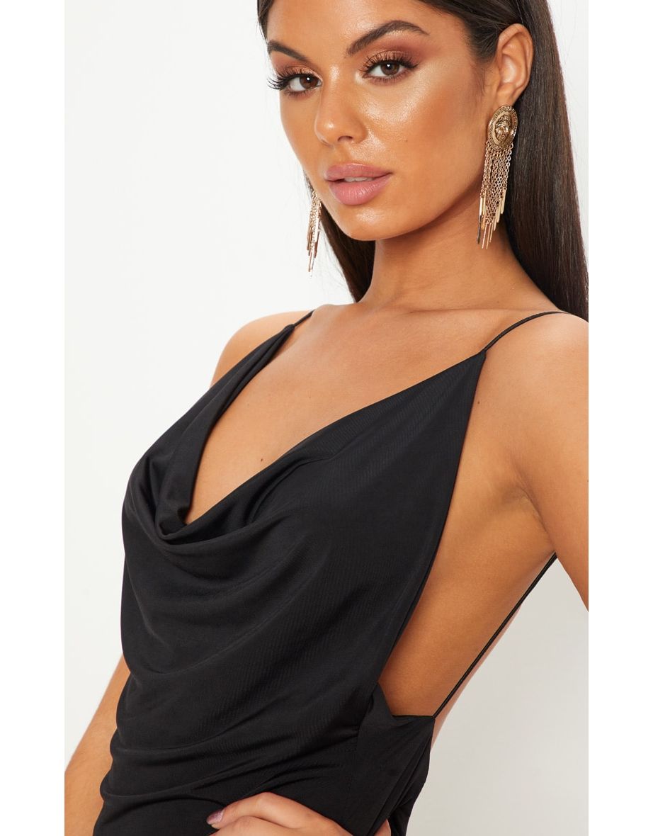 Recycled Black Slinky Cowl Neck Scoop Back Ruched Bodycon Dress - 3