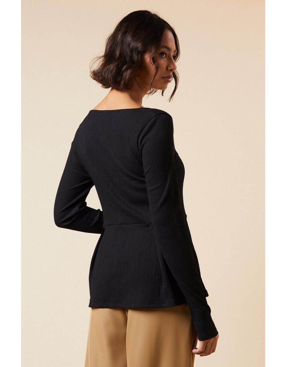 Tall Black Pleated Front peplum long sleeve top - 3