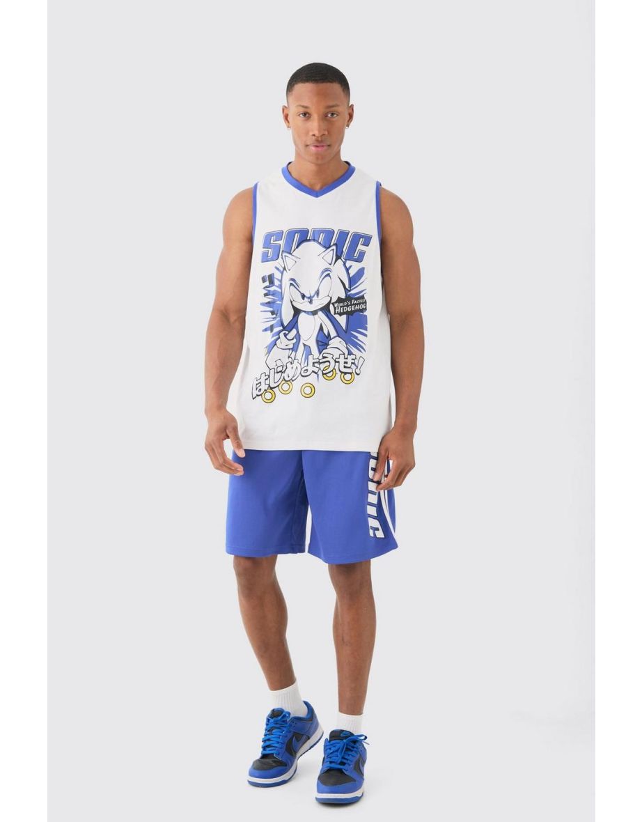 Oversized Sonic The Hedgehog License Mesh Vest And Short Set - blue