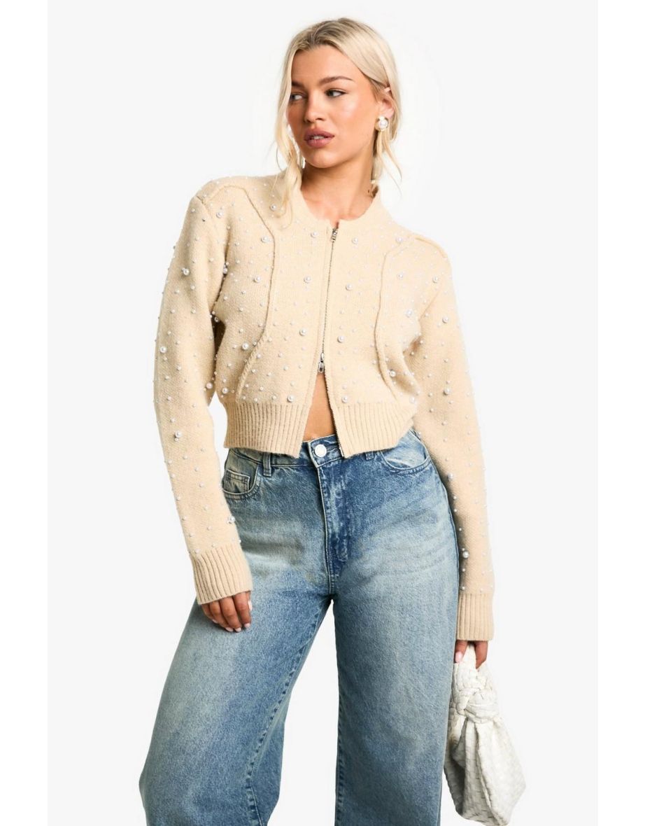 Pearl Detail Knitted Zip Through Bomber Cardigan - beige