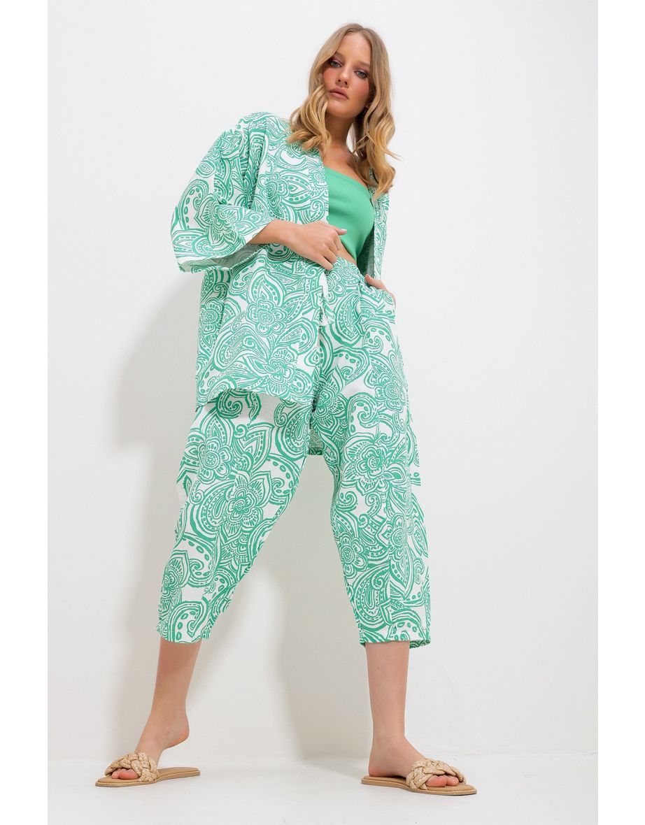 Women's Green Patterned Kimono With Jacket And Trousers Linen Woven Bottom Top Suit