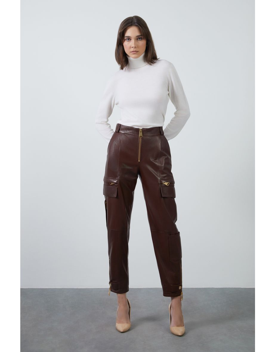 Zipper Detail Brown Leather Pants