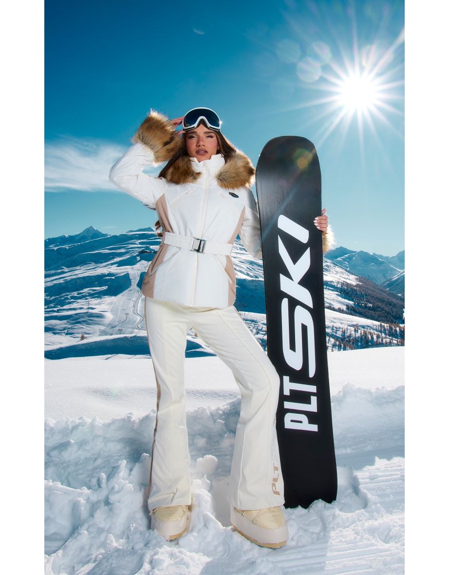 Shop PRETTYLITTLETHING SKI Cream Faux Fur Trim Belted Puffer