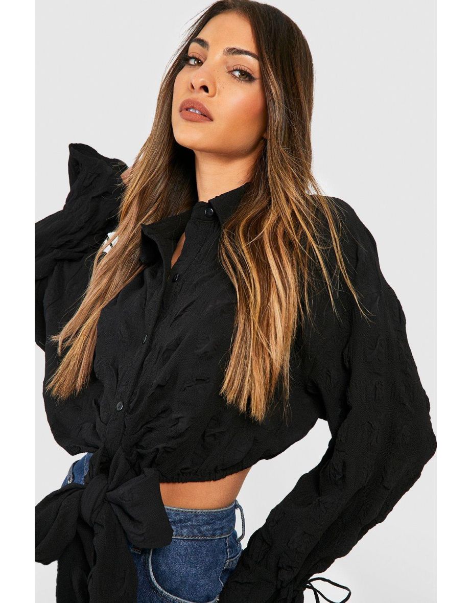 Textured Tie Front Crop Shirt - black - 3