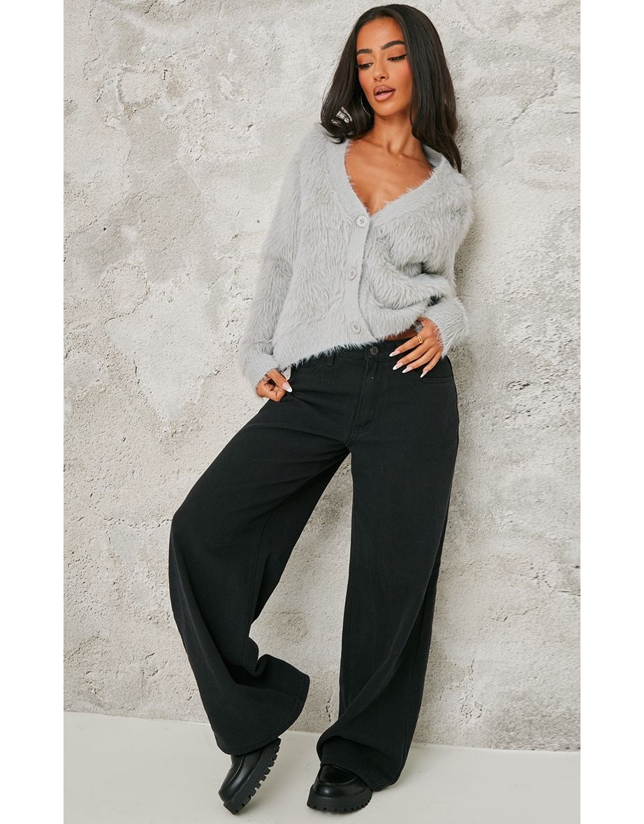 Petite Grey Fluffy Knit V Neck Cardigan