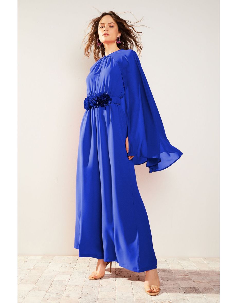 Satin Evening Jumpsuit with Flower Belt and Chiffon Cape - 8