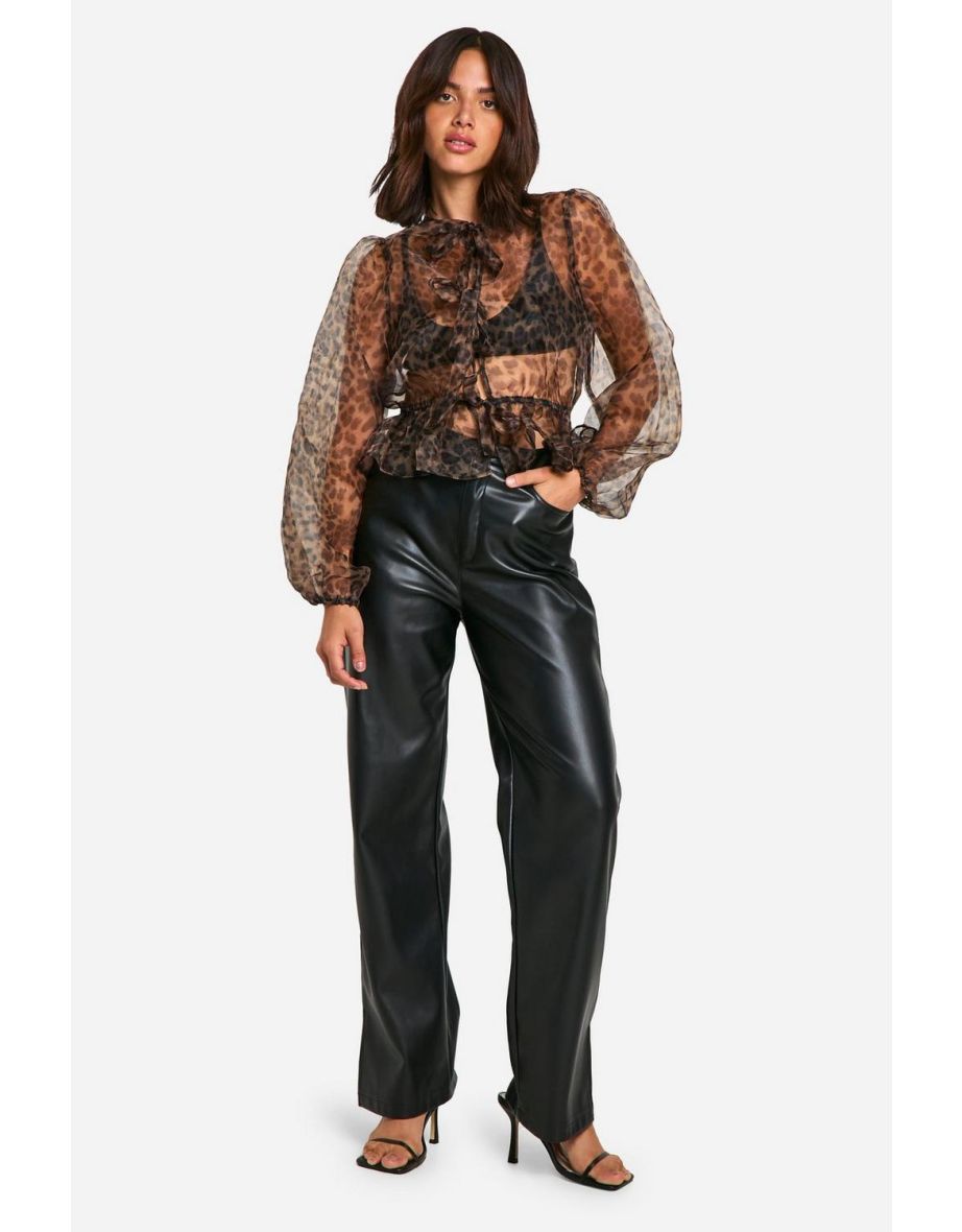 Organza Leopard Print Tie Front Puff Long Sleeve Top - leopard