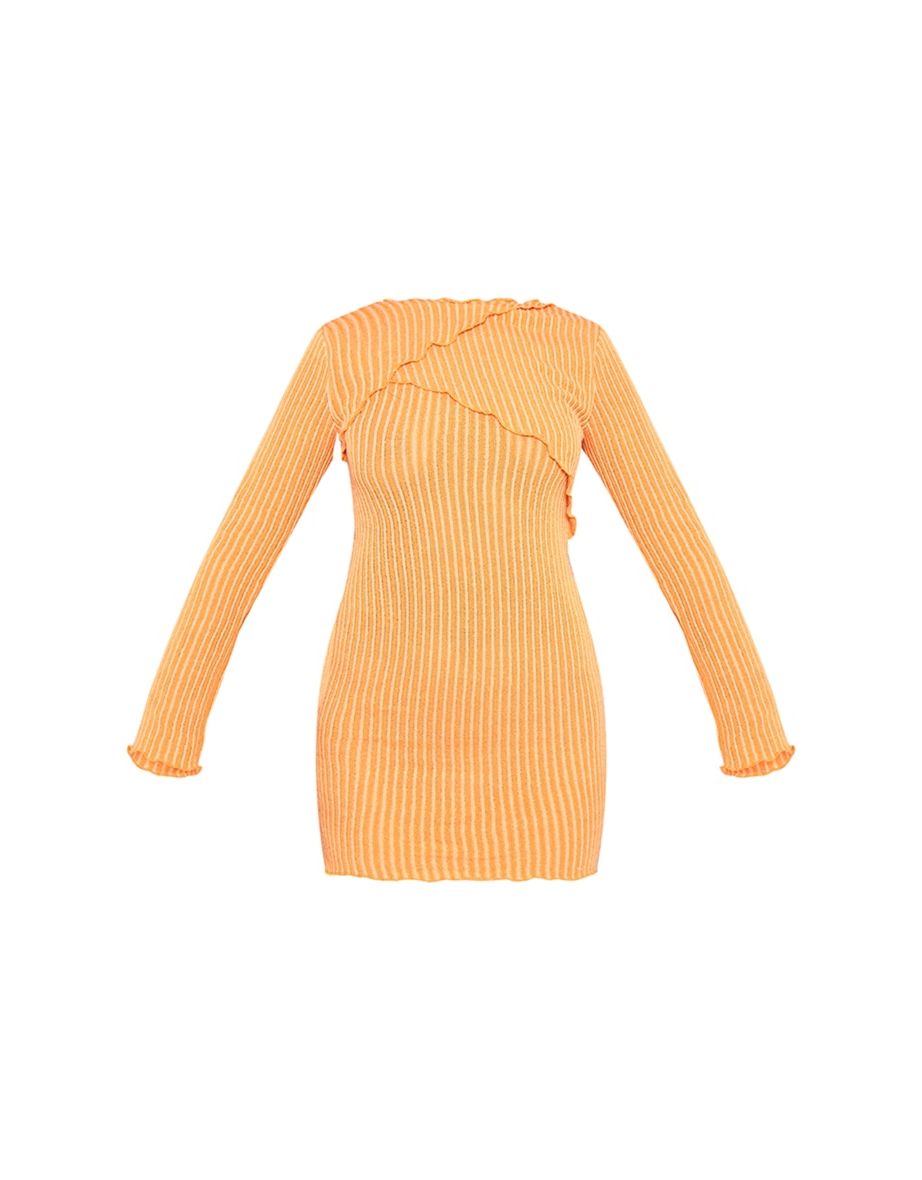 Orange Ribbed Exposed Seam Long Sleeve Bodycon Dress - 4