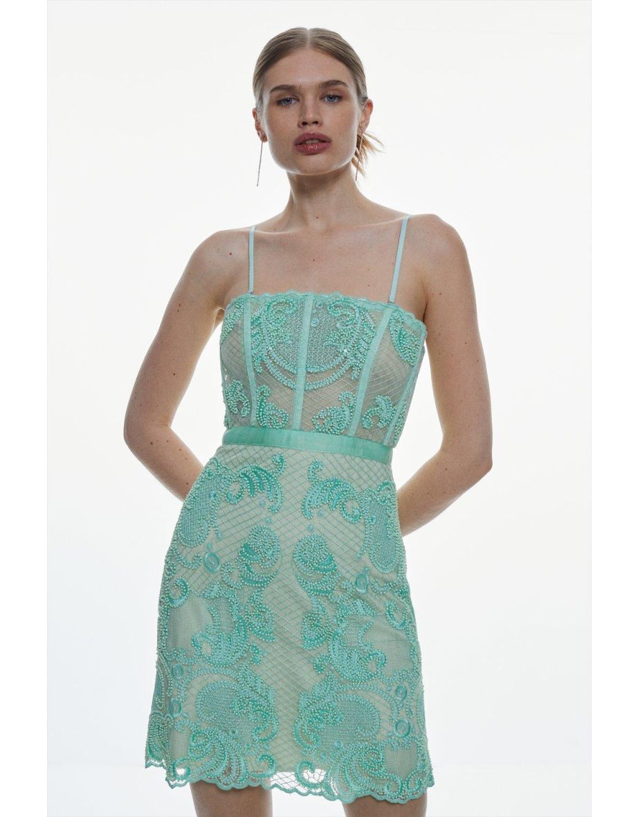 Beaded Embroidered Lace Corseted Mini Dress - 2