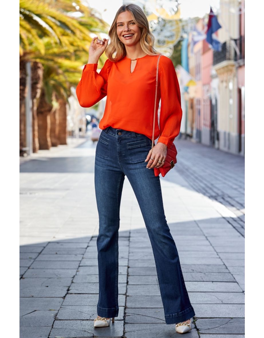 Orange Pleat Sleeve Tunic Top