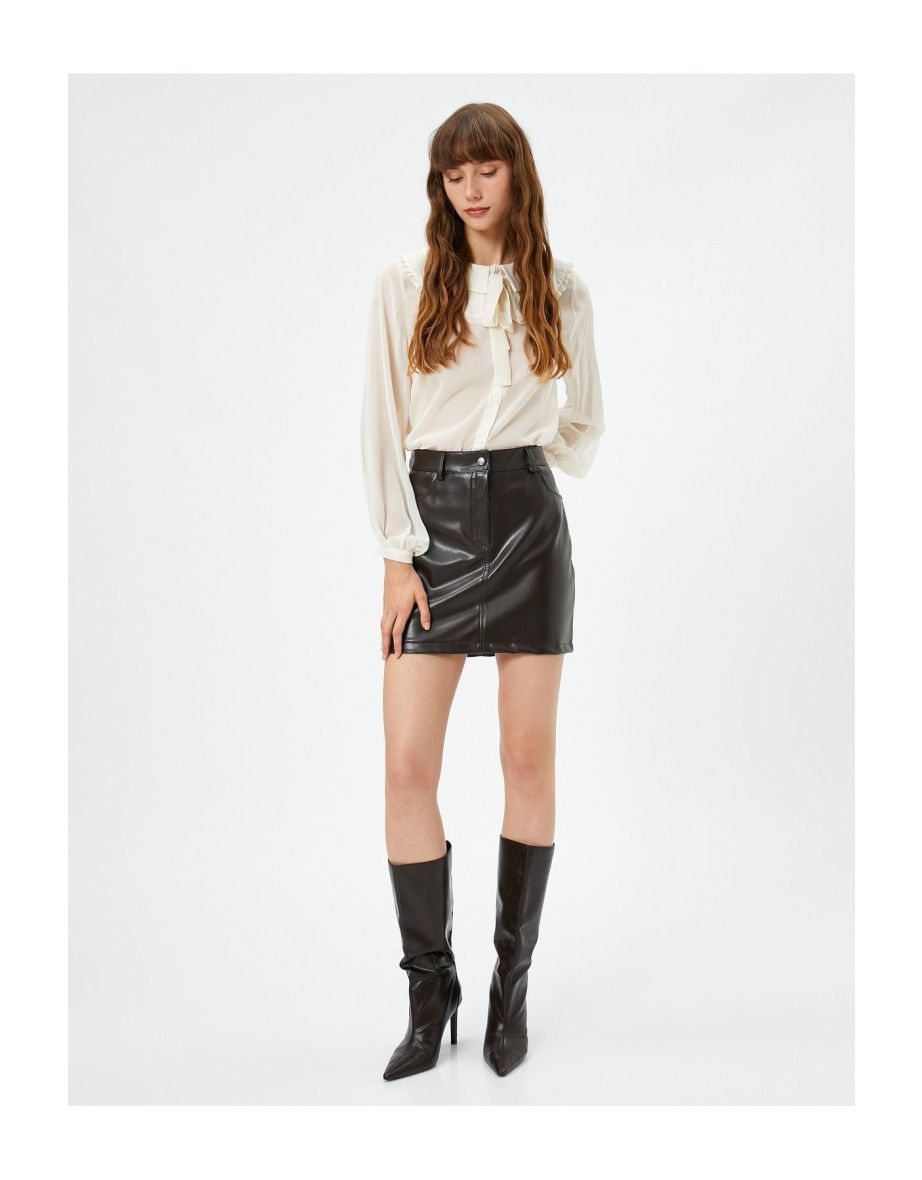 Chiffon Baby Collar Shirt Ribbon Detailed Frilled Long Sleeve