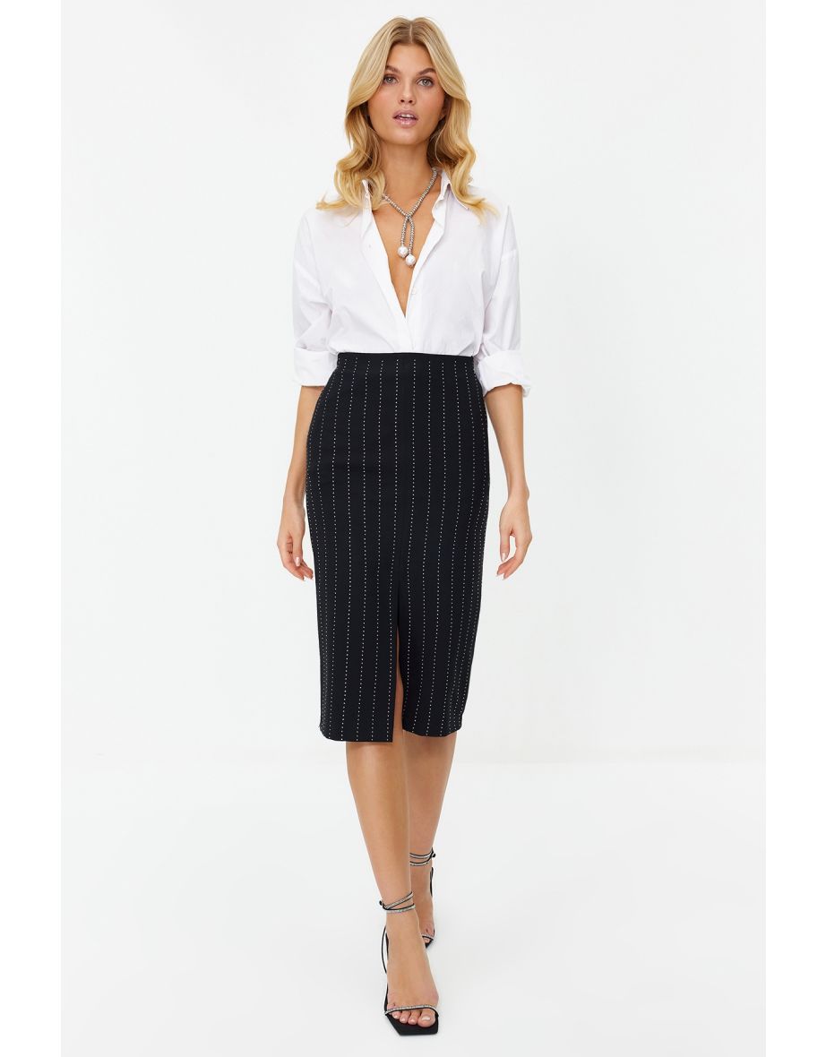 Black Fitted Woven Shiny Stone Skirt