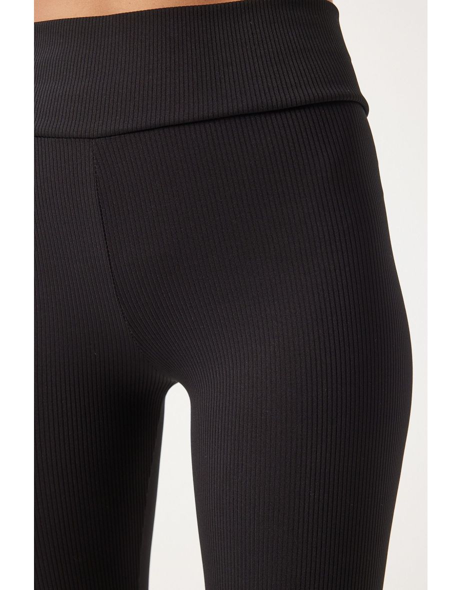 Women's Black High Waist Corduroy Knitted Knit Leggings - 5