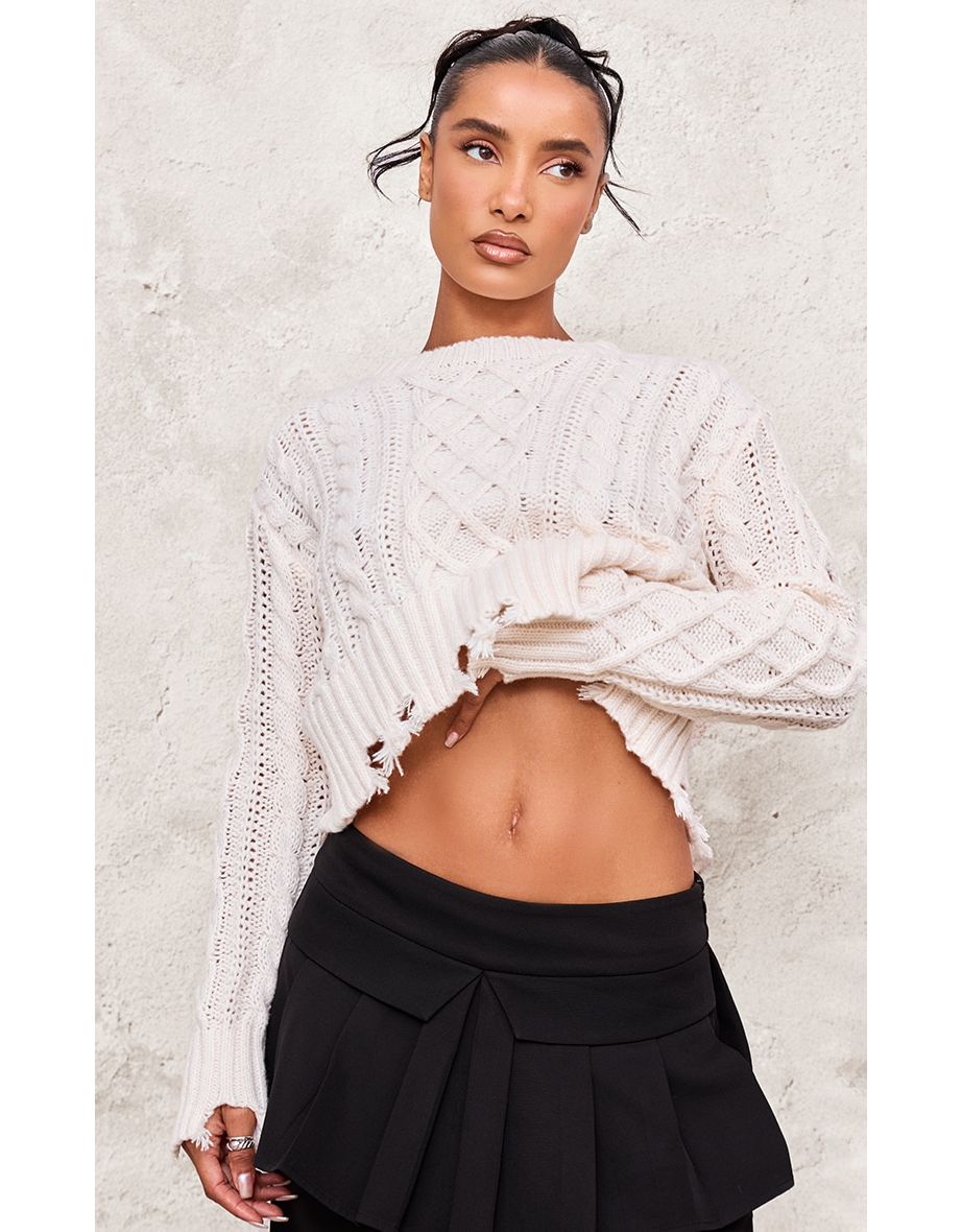 Shop Cream Distressed Cable Knit Cropped Jumper Online in Qatar VogaCloset