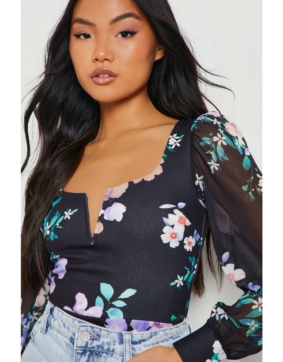 Petite V Front Floral Print Bodysuit - black - 3