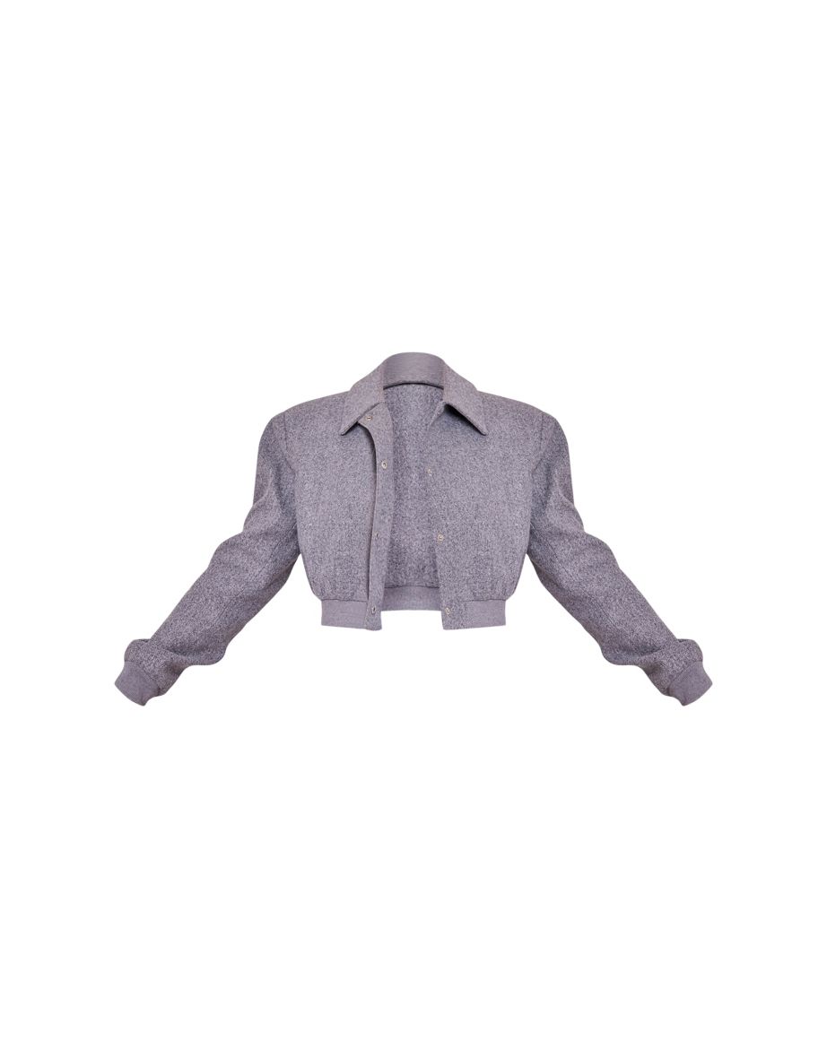 Grey Shoulder Padded Wool Look Cropped Bomber Jacket - 4