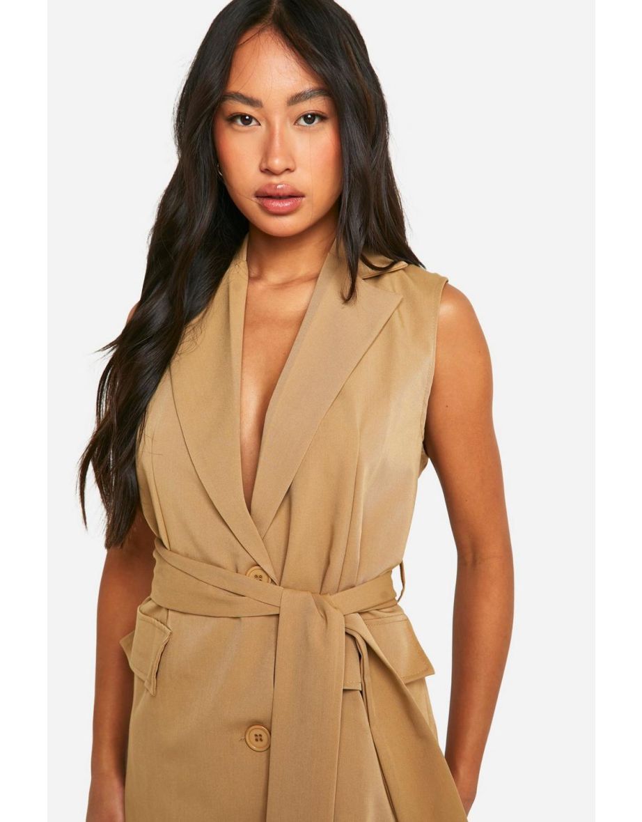 Woven Sleeveless Blazer Dress - stone - 3
