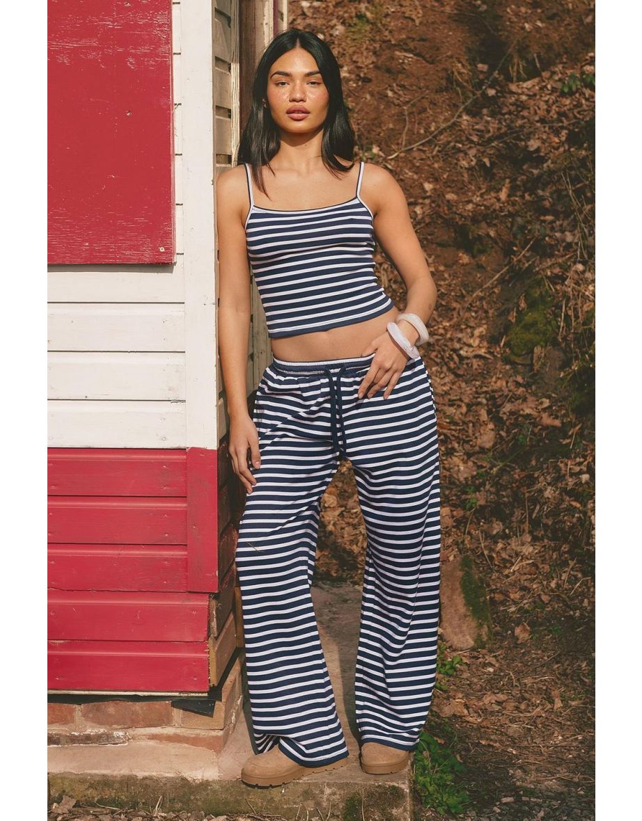 Stripe Rib Strappy Crop Cami Top - navy