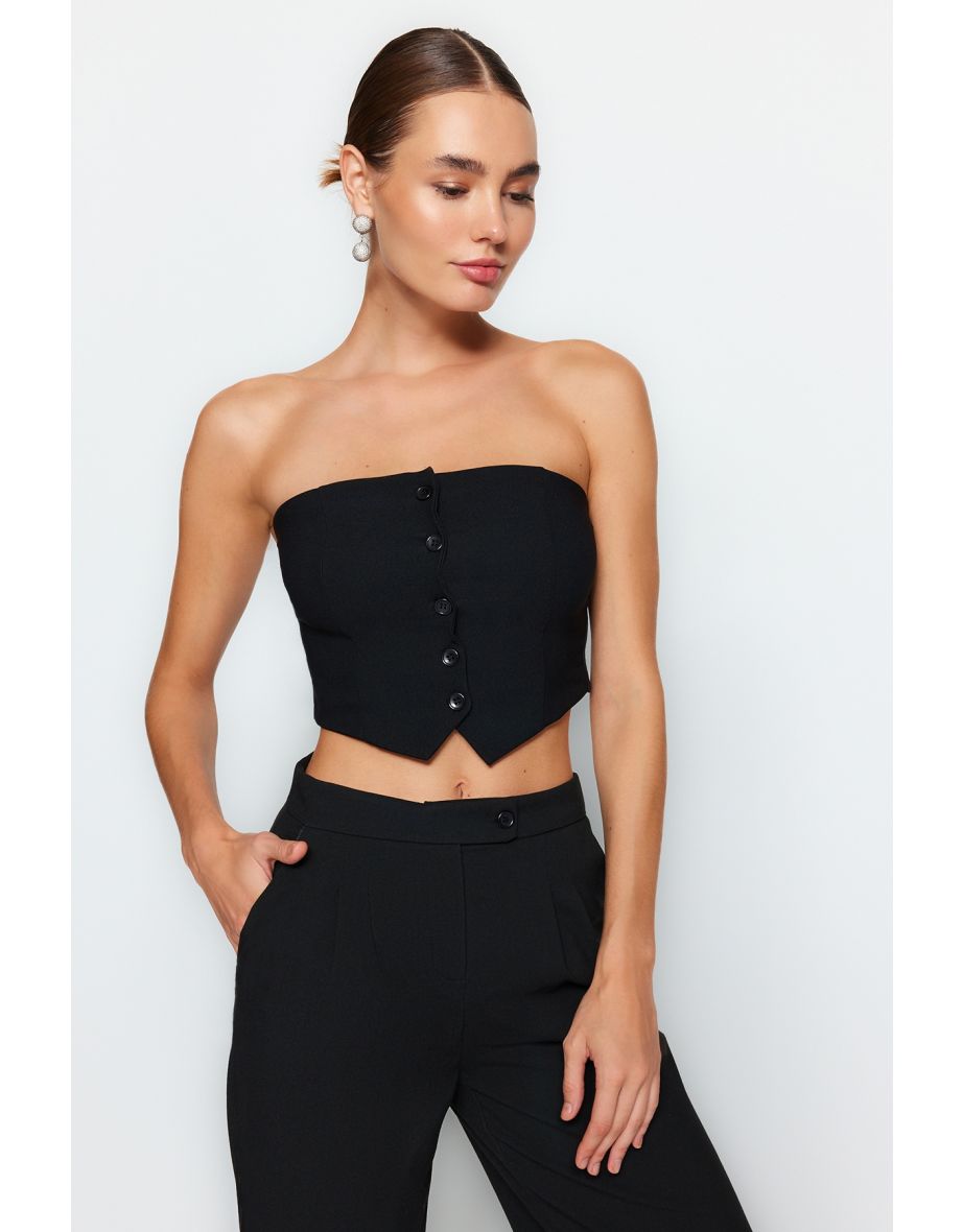 Black Strapless Woven Blouse
