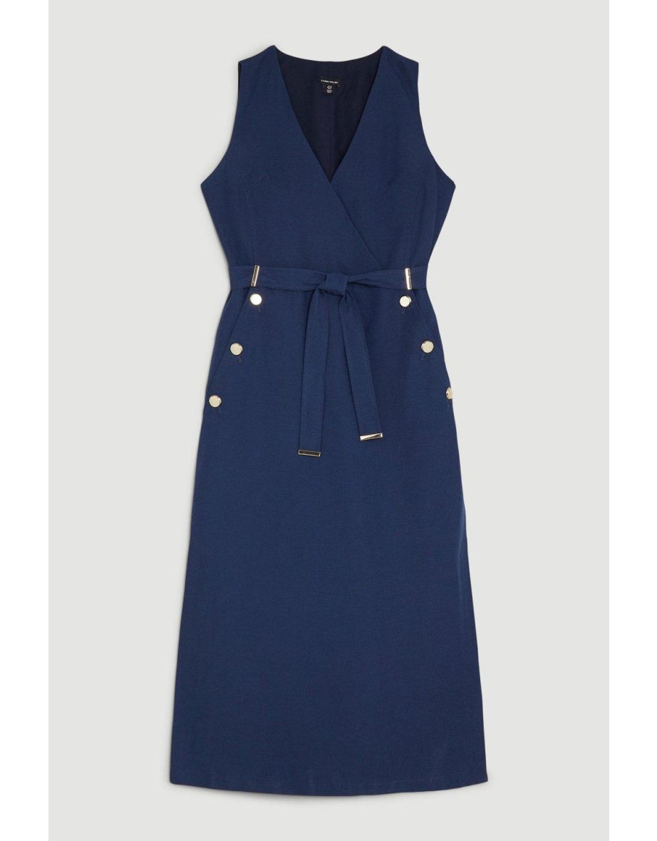 Linen Nautical Button Detail Belted Midi Dress - 3