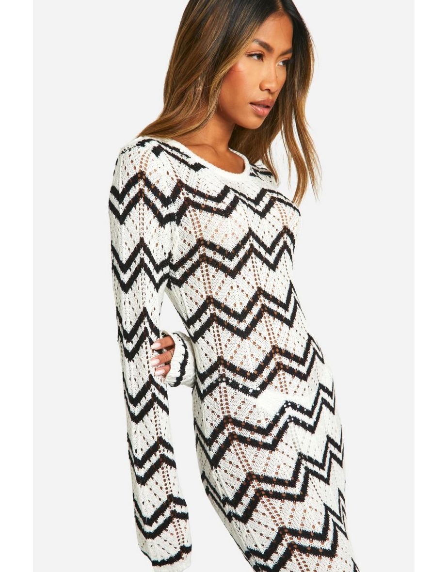 Monochrome Zig Zag Crochet Maxi Dress - white - 3