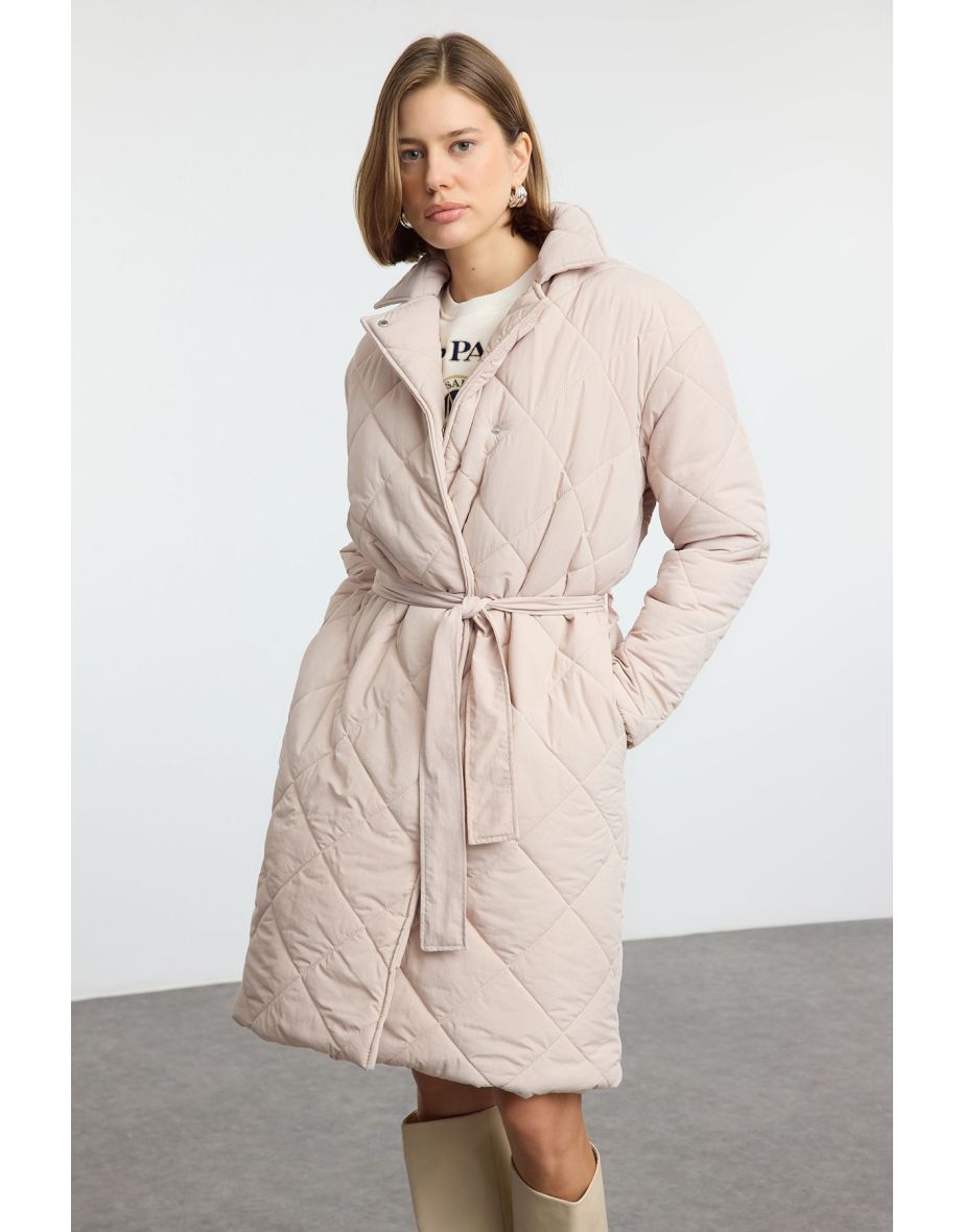 Ecru Oversize Belted Long Quilted Puffer Jacket