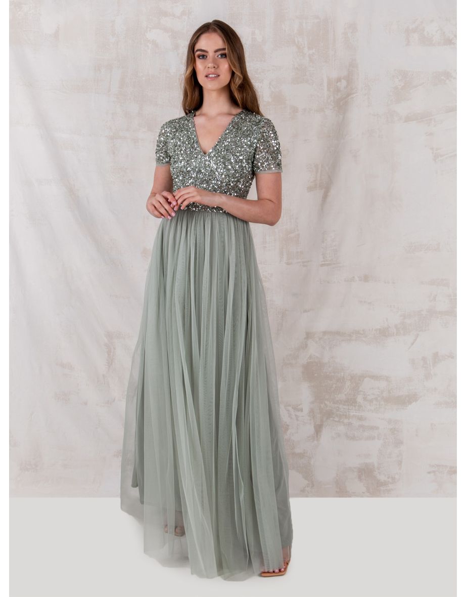 Shop Maya Green Lily V Neckline Embellished Maxi Dress Online in Bahrain VogaCloset