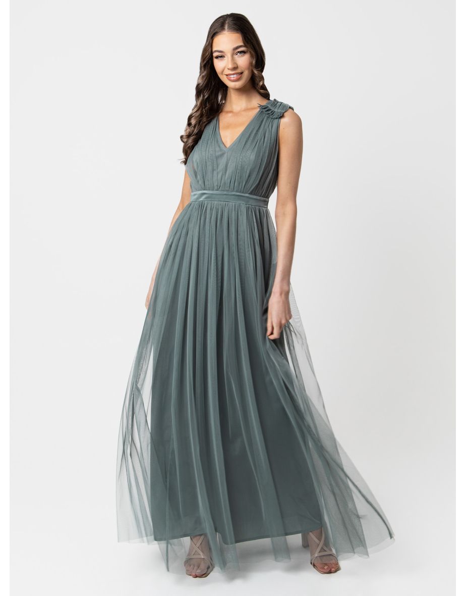 Maya plain tulle gathered maxi dress top