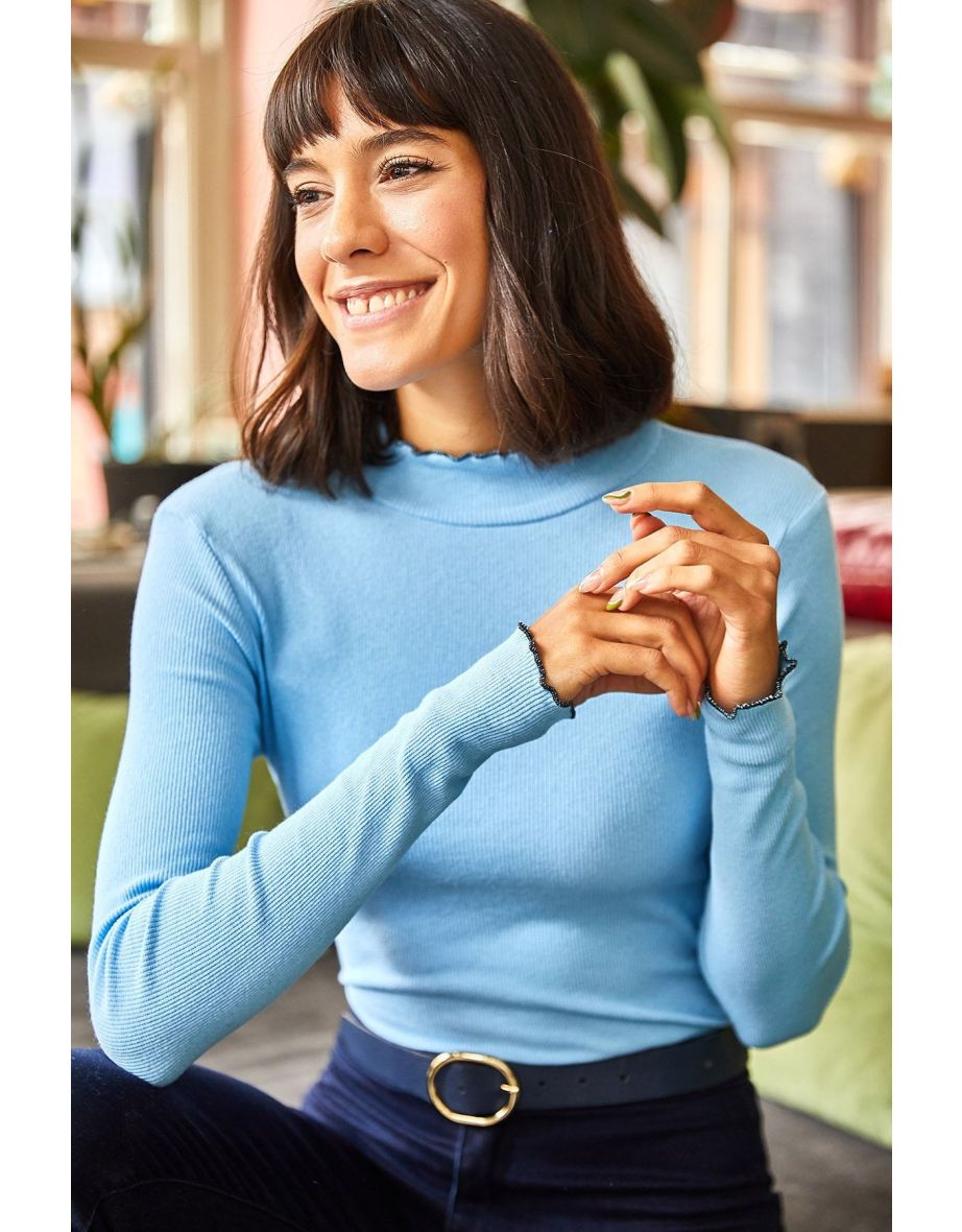 Women's Baby Blue Collar and Sleeve Detailed Camisole Blouse - 4