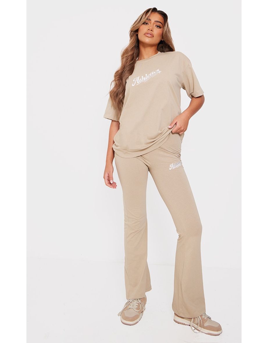 Taupe Embroidered Graphic Print Flared Trousers