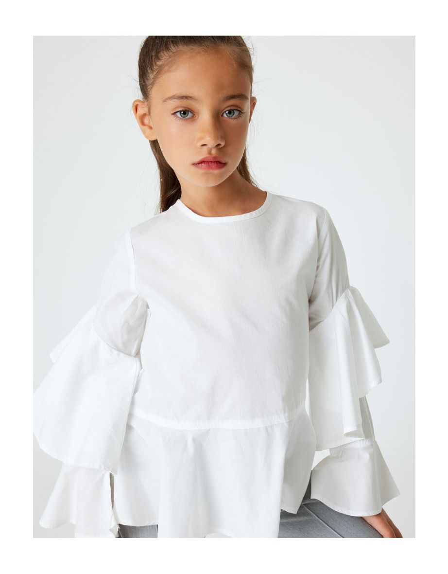 School Blouse Long Sleeve Crew Neck Ruffle Detail