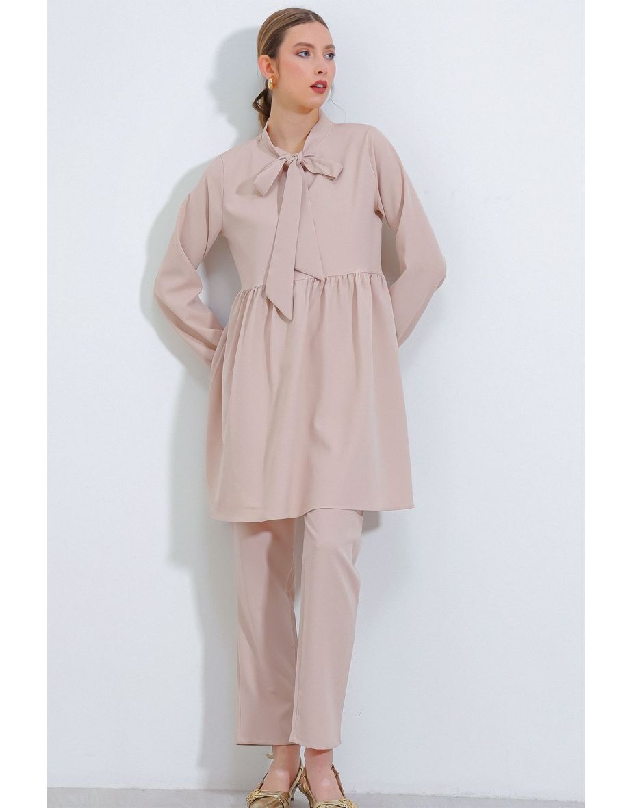 Women's Cream Knitted Trousers Tunic Top and Bottom Set