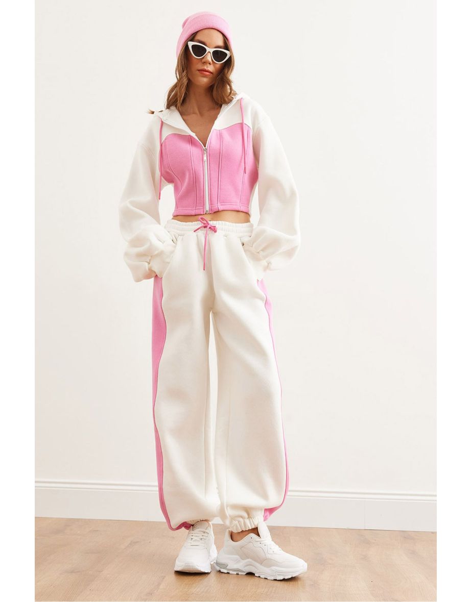 Women's Candy Pink Color Detailed Raised Thick Winter Tracksuit