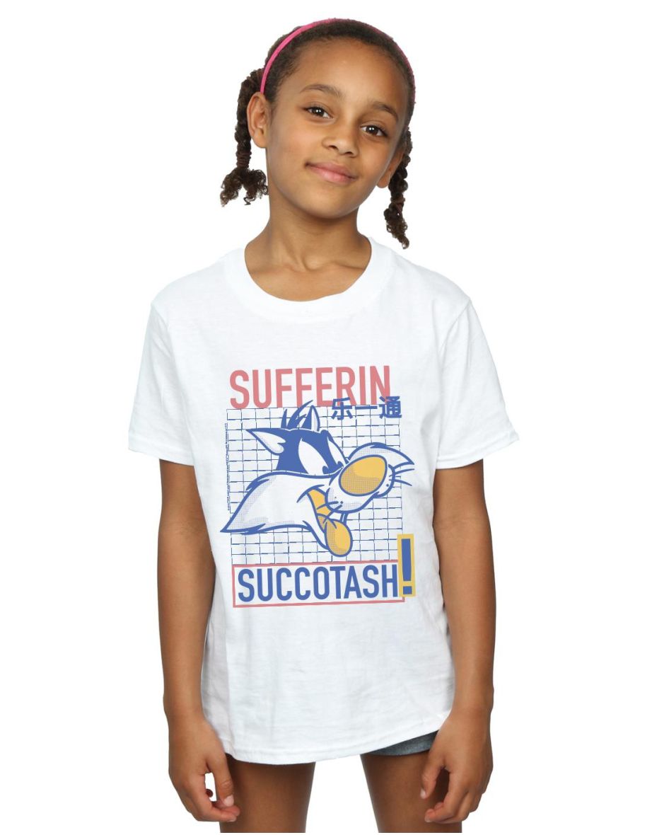 Looney Tunes Girls Sylvester Sufferin Succotash Cotton T-Shirt - White
