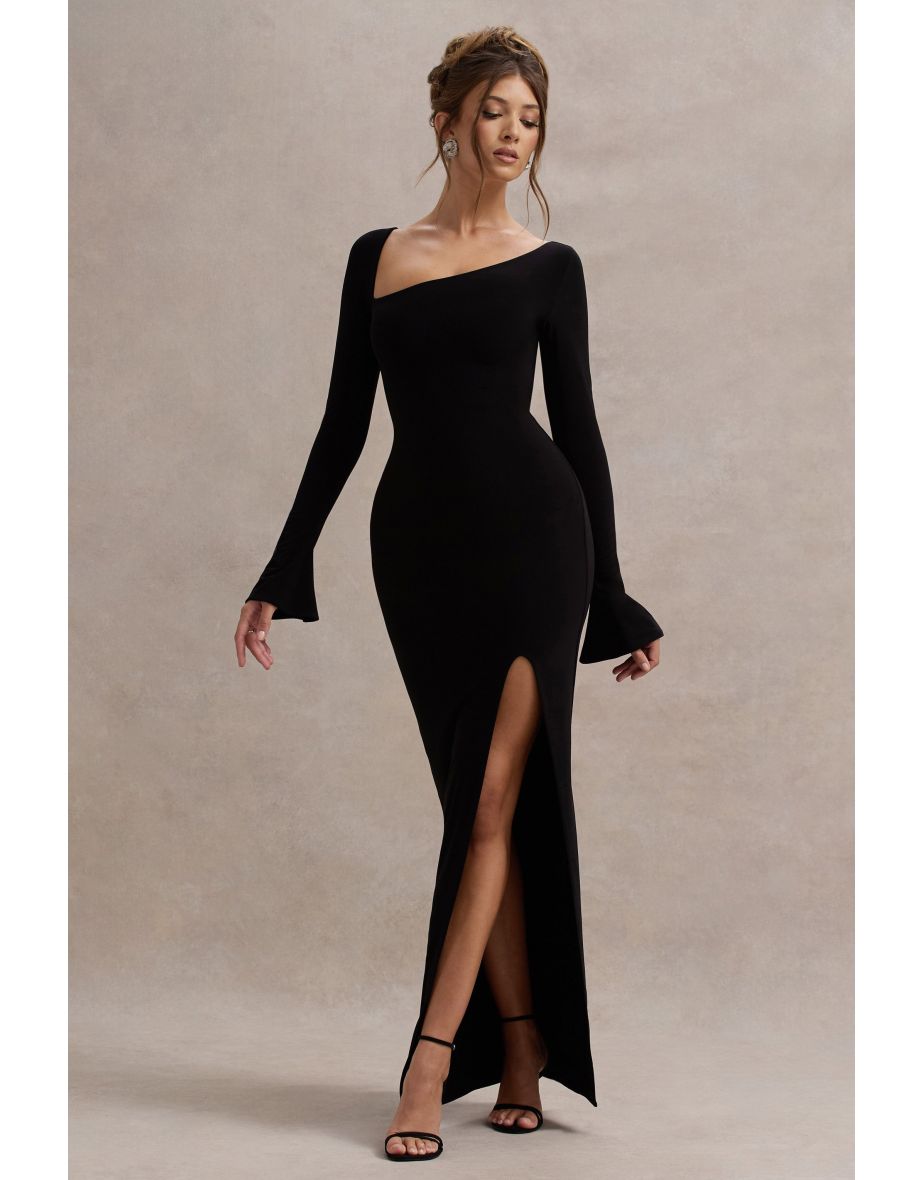 Cosmos | Black Asymmetric Long-Sleeve Split Maxi Dress - 4