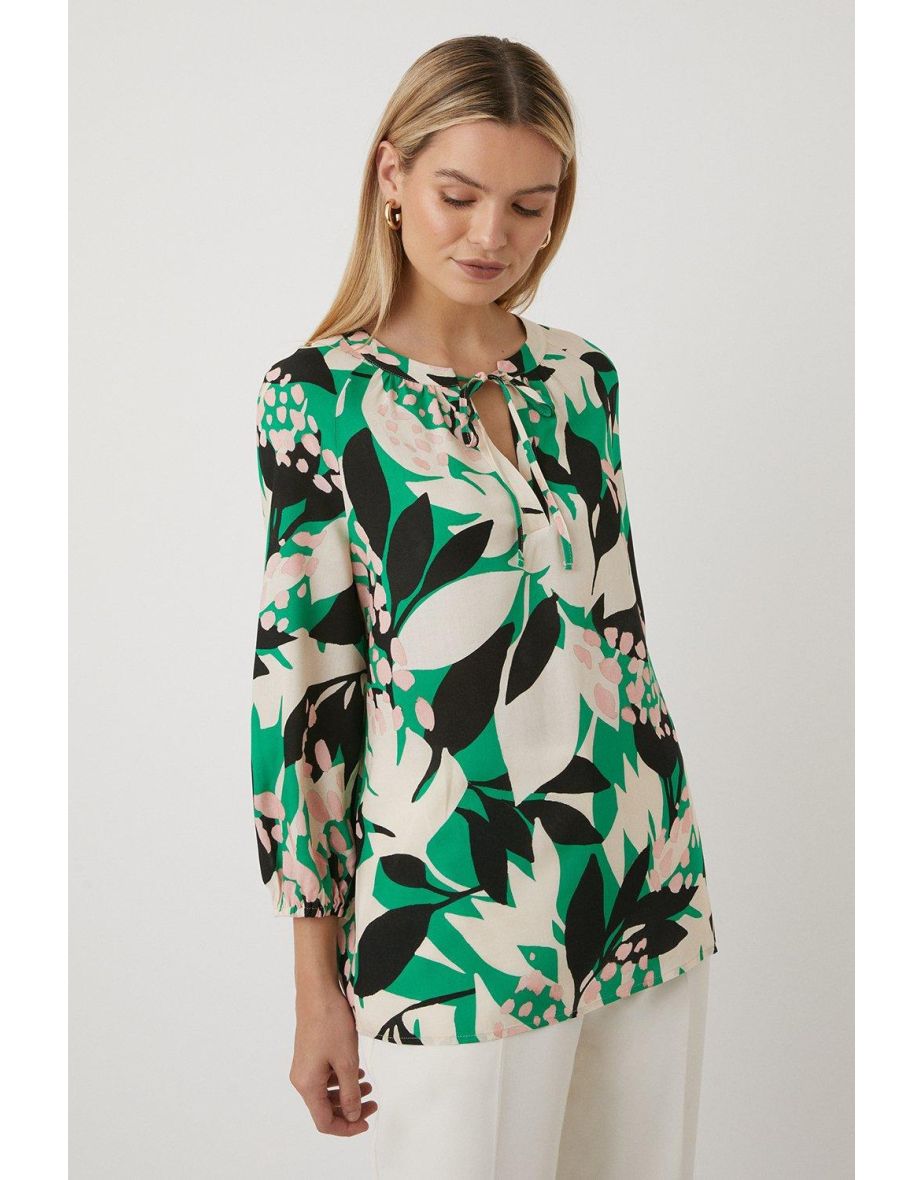 Tall Green Leaf Print Tie Detail Blouse