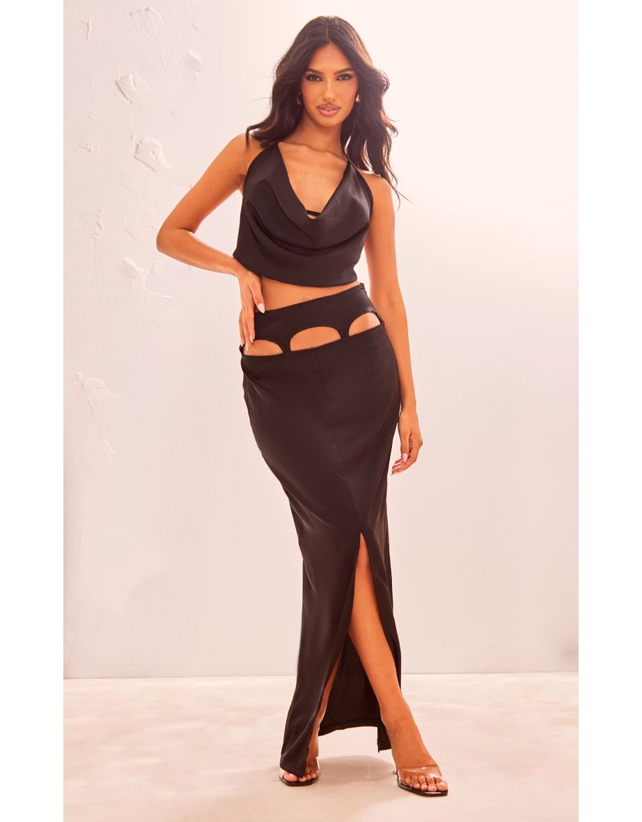 Black Satin Cut Out Suspender Maxi Skirt