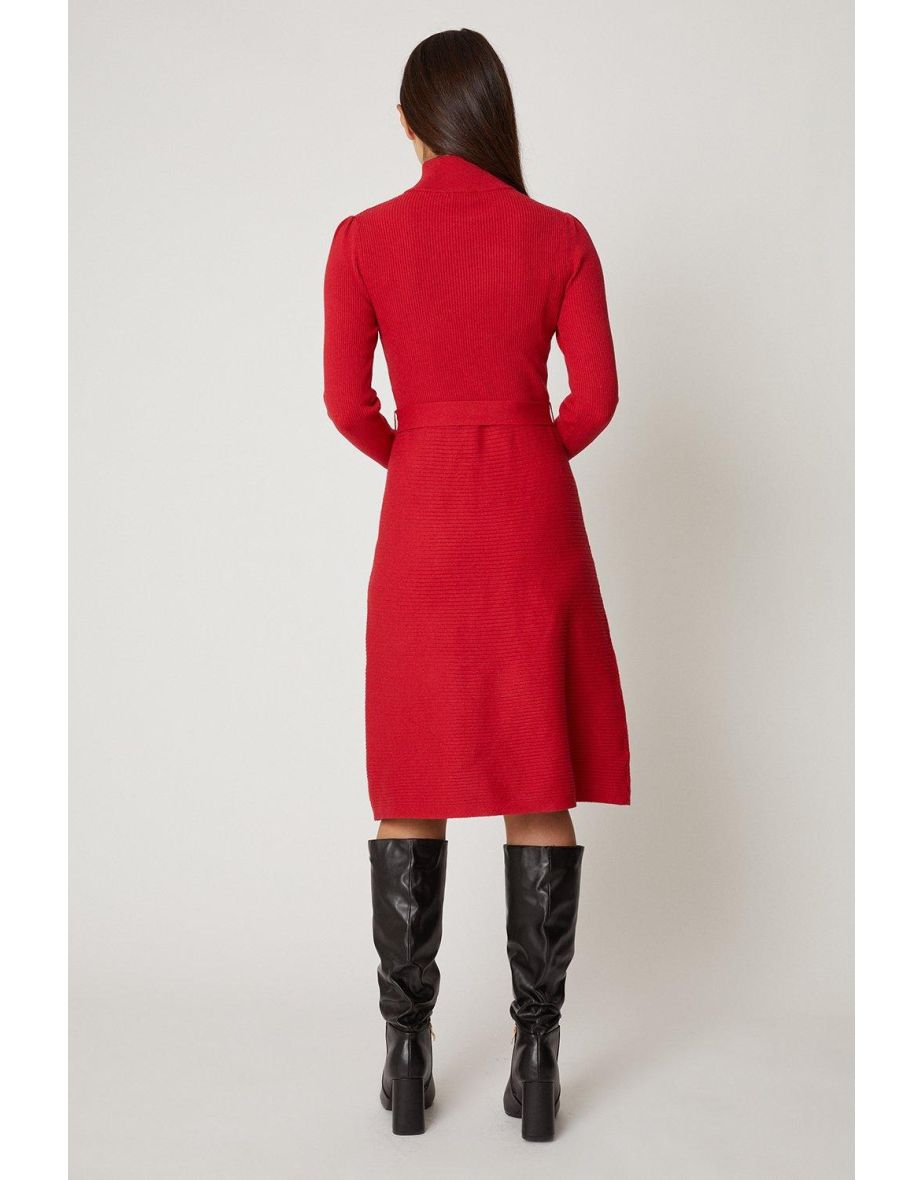 Rib Detail High Neck Belted Knitted Dress - 2