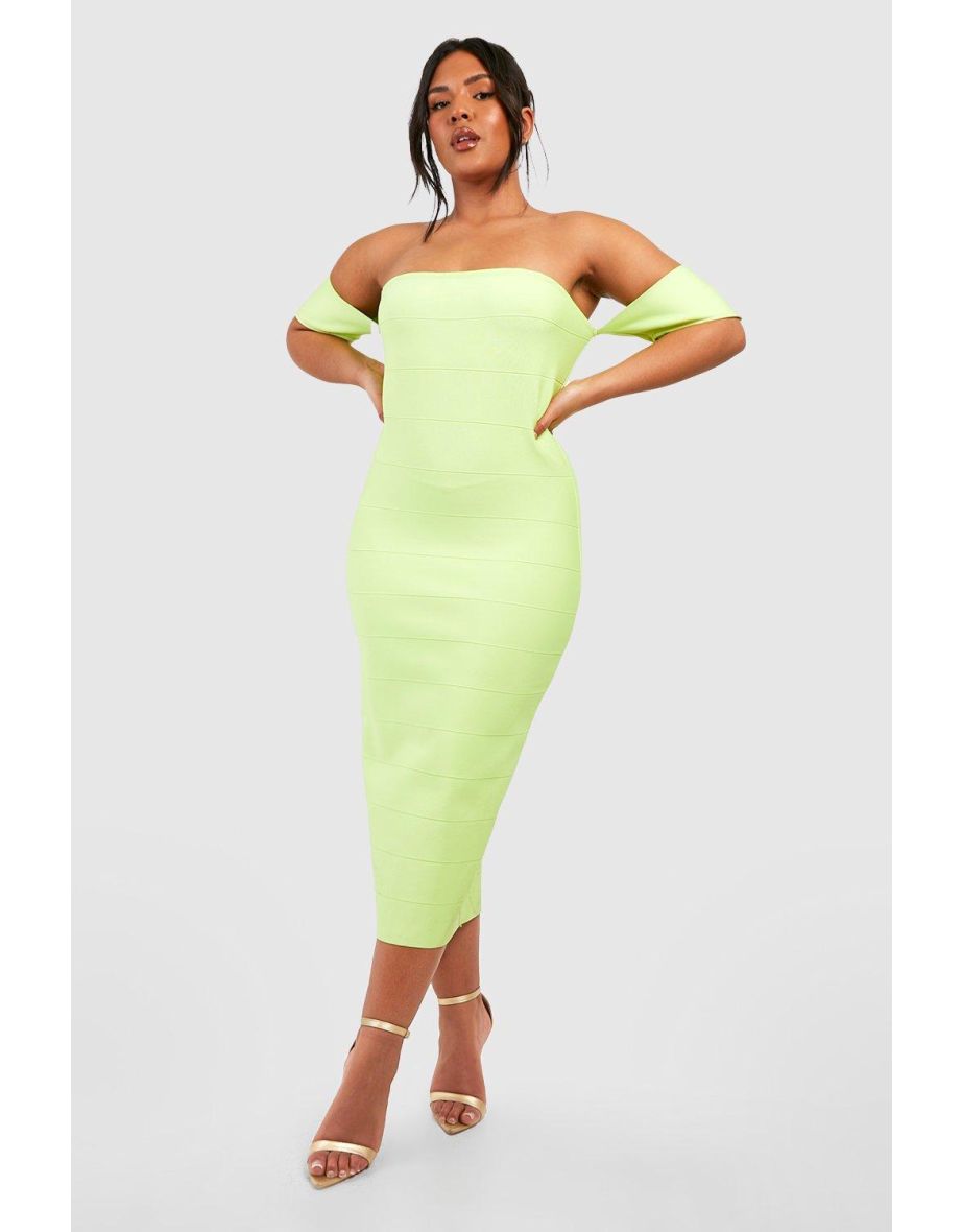Plus Premium Bandage Off Shoulder Midi Dress - lime